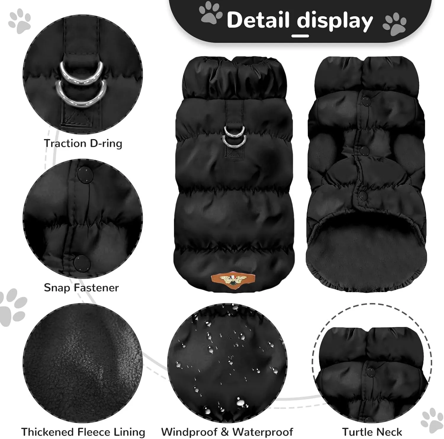Winter Warm Dog Jacket for Small Medium Dogs Cat Cold Weather Coats with Harness Paded Dogs Fleece Vest Waterproof Windproof Dog Snow Jacket Pet Puppy Clothes (Black,S)