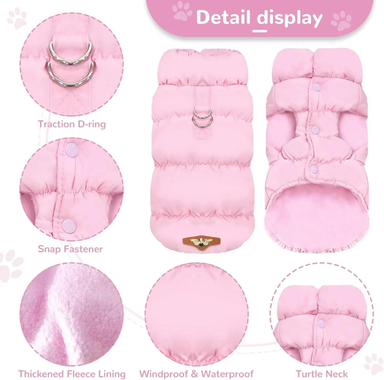 Winter Warm Dog Jacket for Small Medium Dogs Cat Cold Weather Coats with Harness Paded Dogs Fleece Vest Waterproof Windproof Dog Snow Jacket Pet Puppy Clothes (Pink,XS)