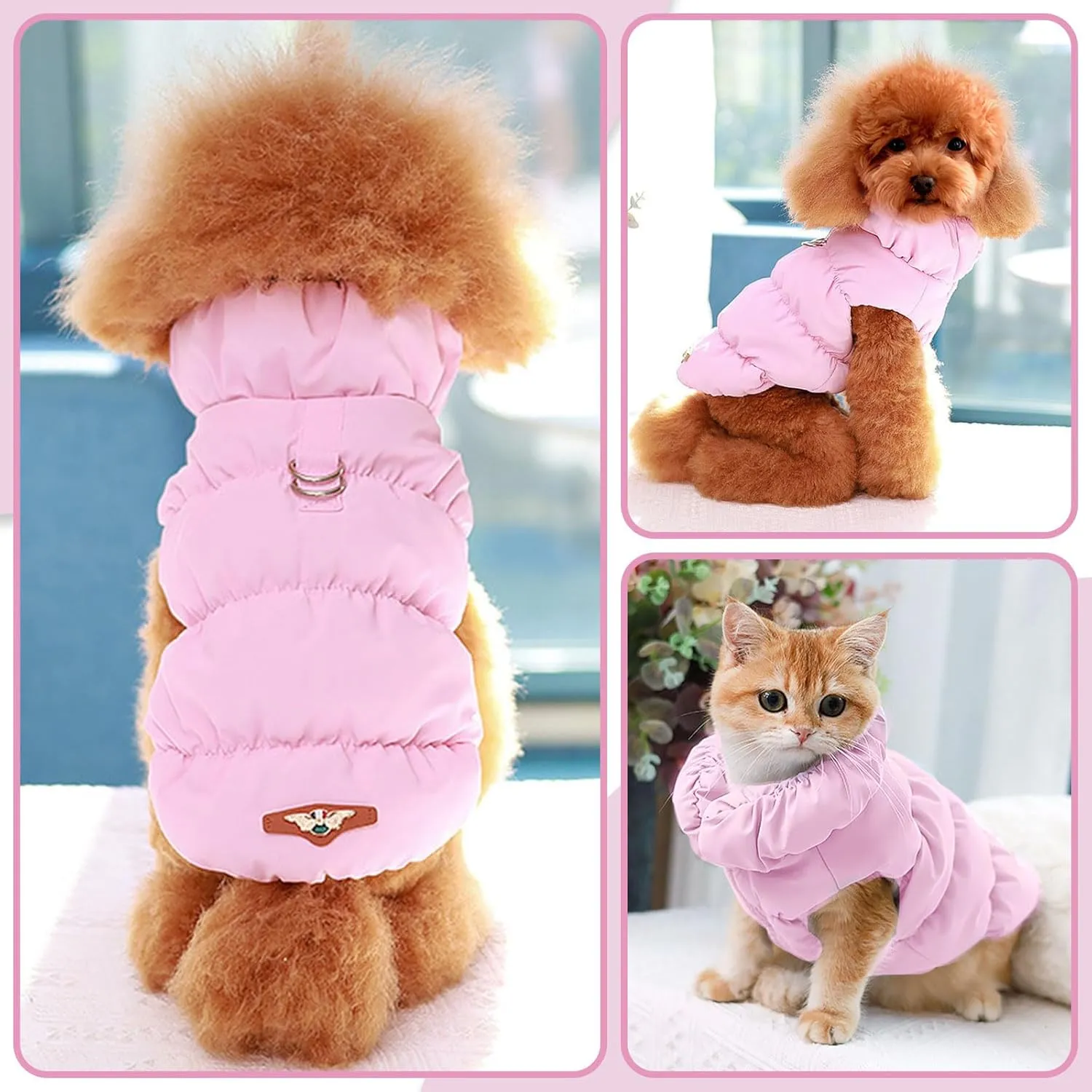 Winter Warm Dog Jacket for Small Medium Dogs Cat Cold Weather Coats with Harness Paded Dogs Fleece Vest Waterproof Windproof Dog Snow Jacket Pet Puppy Clothes (Pink,XS)