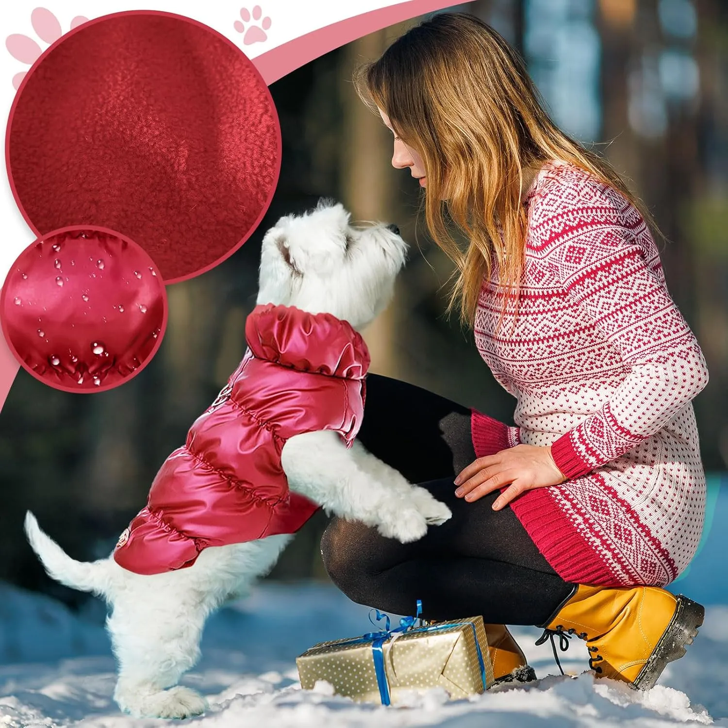 Winter Warm Dog Jacket for Small Medium Dogs Cat Cold Weather Coats with Harness Paded Dogs Fleece Vest Waterproof Windproof Dog Snow Jacket Pet Puppy Clothes (Wine red,S)