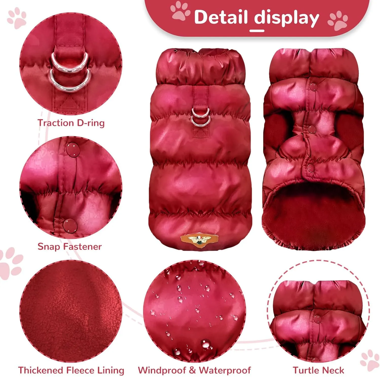 Winter Warm Dog Jacket for Small Medium Dogs Cat Cold Weather Coats with Harness Paded Dogs Fleece Vest Waterproof Windproof Dog Snow Jacket Pet Puppy Clothes (Wine red,S)