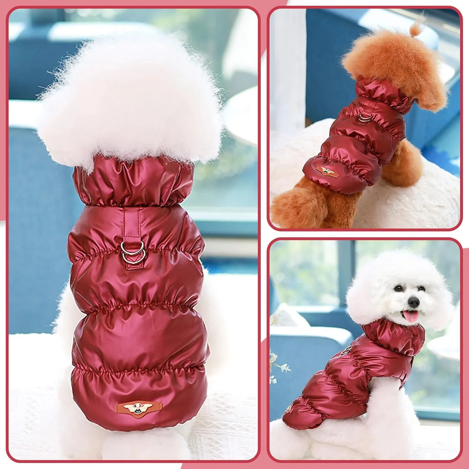 Winter Warm Dog Jacket for Small Medium Dogs Cat Cold Weather Coats with Harness Paded Dogs Fleece Vest Waterproof Windproof Dog Snow Jacket Pet Puppy Clothes (Wine red,S)