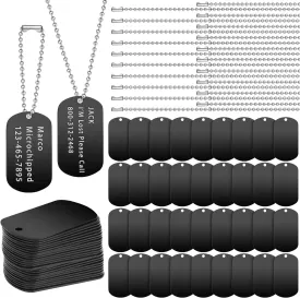 Yinkin 200 Pcs Military Dog Tags Set Including 100 Pcs Aluminum Blank Dog Tags 100 Pcs Ball Steel Chain Rectangle Blank Labels Metal Stamping Label for DIY Decorative Craft Laser Engraving(Black)